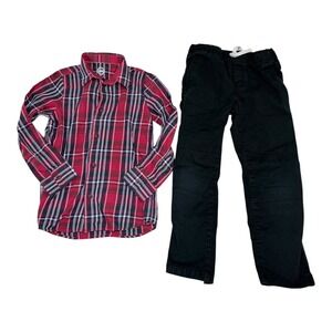 Wonder Nation & Cat Jack Kids Size 7 Plaid Shirt and Black Pants Outfit Set Red